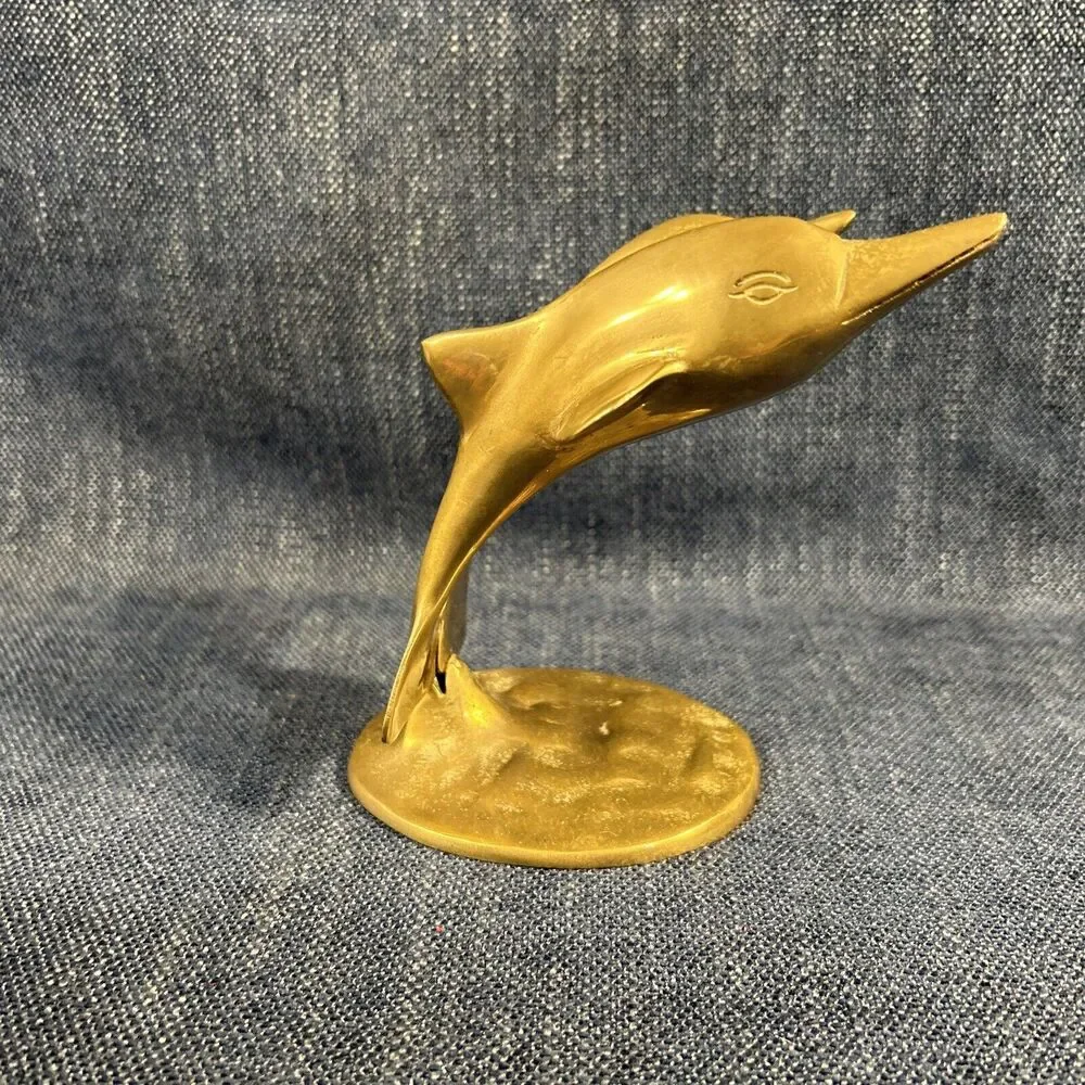 VTG brass dolphin pair leaping figure sculpture paperweight 5.5”